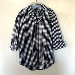 Tommy Hilfiger button down. Navy and white. New with Tags. Size M (12/14)